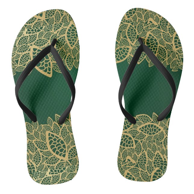 Golden leaf lace on green background thongs (Footbed)