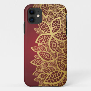 Golden leaf lace on red background iPhone 11 case