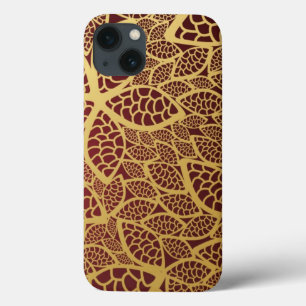 Golden leaf lace on red background iPhone 13 case