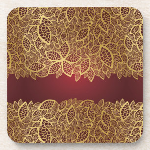 Golden leaf lace on red background coaster