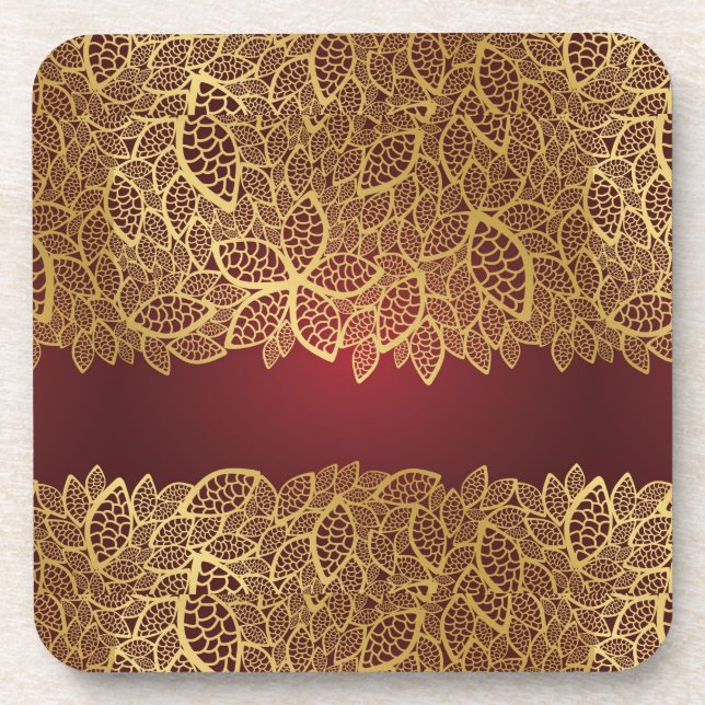Golden leaf lace on red background coaster (Front)