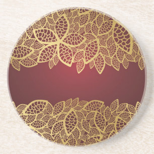 Golden leaf lace on red background coaster