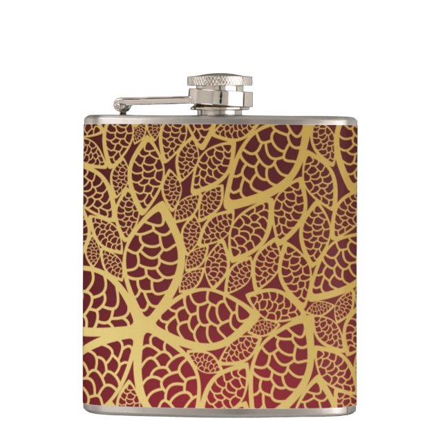 Golden leaf lace on red background hip flask (Front)
