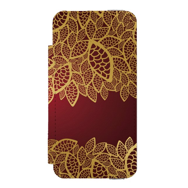 Golden leaf lace on red background incipio iPhone wallet case (Folio Front)