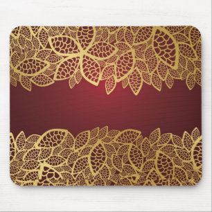 Golden leaf lace on red background mouse pad