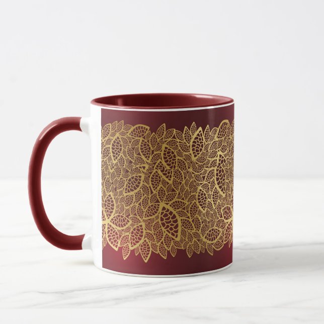 Golden leaf lace on red background mug (Left)