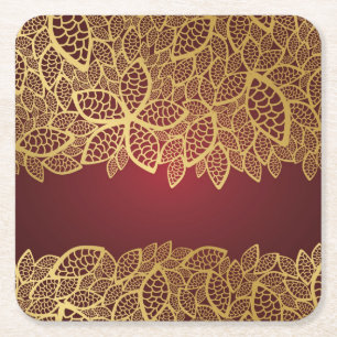 Golden leaf lace on red background square paper coaster