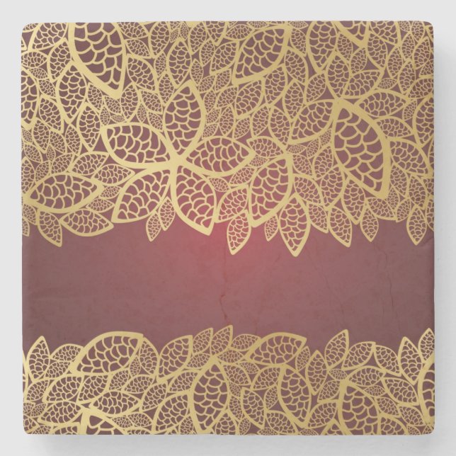 Golden leaf lace on red background stone coaster (Front)