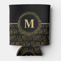 Golden Leaf Pattern Black & Gold Elegant Monogram