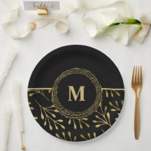 Golden Leaf Pattern Black & Gold Elegant Monogram