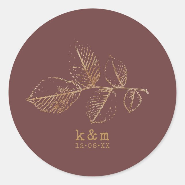 Golden Leaf Wedding Gold/Burgundy ID655  Classic Round Sticker (Front)