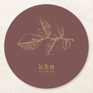 Golden Leaf Wedding Gold/Burgundy ID655  Round Paper Coaster