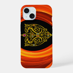 GOLDEN LEAF WITH CELTIC KNOTS, Black Orange Yellow iPhone 15 Case