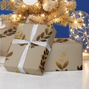 Golden Leaf Wrapping Paper Elegant Botanical Hol