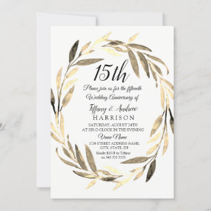 Golden Leaf Wreath 15th Wedding Anniversary Invite