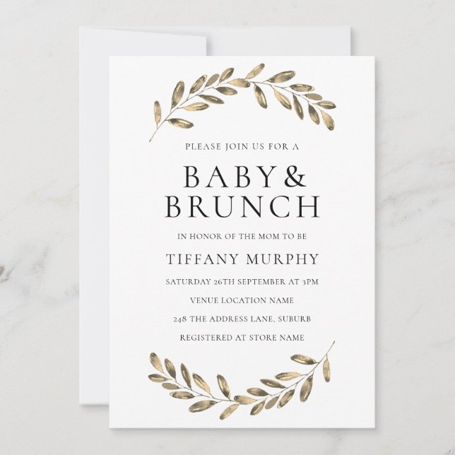 Golden Leaf Wreath Baby Shower Brunch Invite (Front)