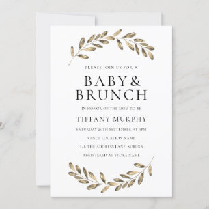 Golden Leaf Wreath Baby Shower Brunch Invite