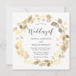 Golden Leaf Wreath Elegant Wedding Invitation