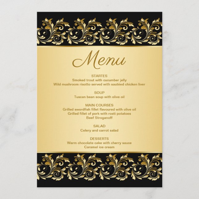 Golden leafy swirls on black Menu Card (Front)