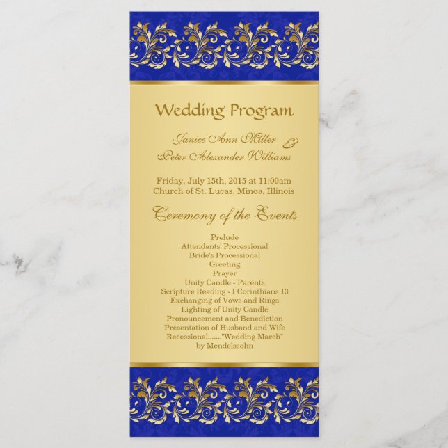 Golden leafy swirls on blue Wedding program card (Front)