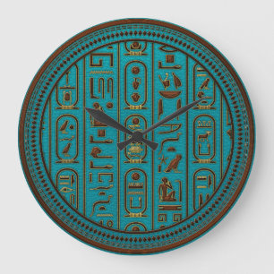 Golden Leather hieroglyphs embossed on teal Large Clock