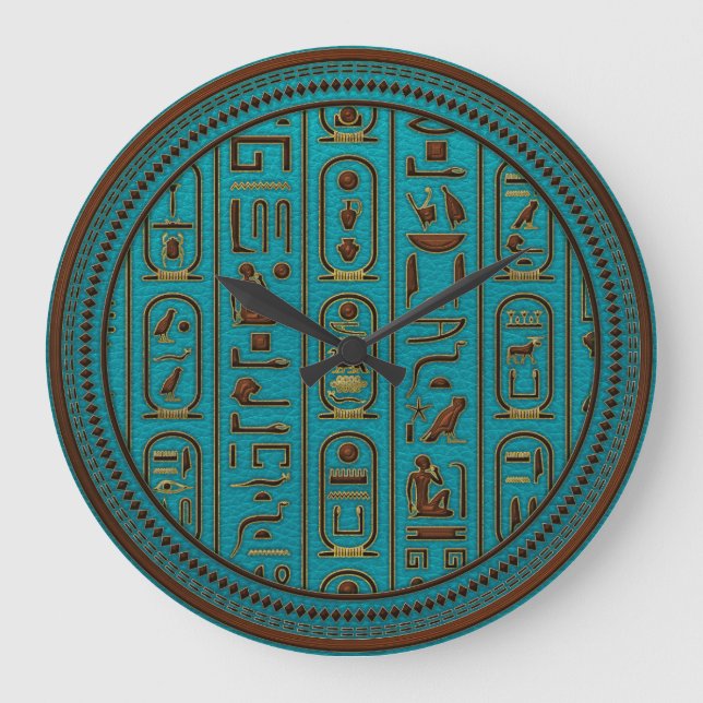 Golden Leather hieroglyphs embossed on teal Large Clock (Front)
