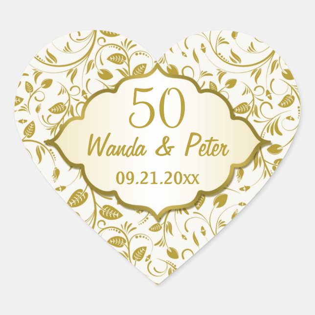 Golden leaves 50th Wedding Anniversary Heart Sticker (Front)
