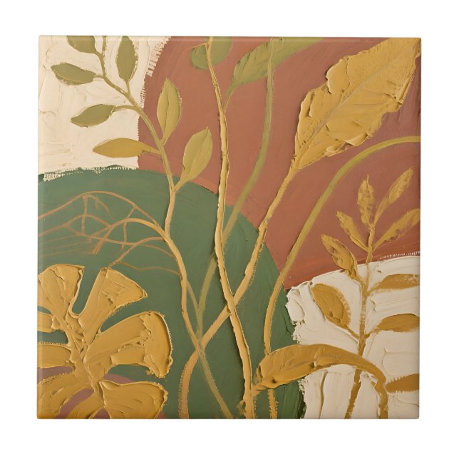 Golden Leaves Abstract Ceramic Tile (Front)