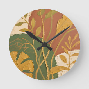 Golden Leaves Abstract Round Clock