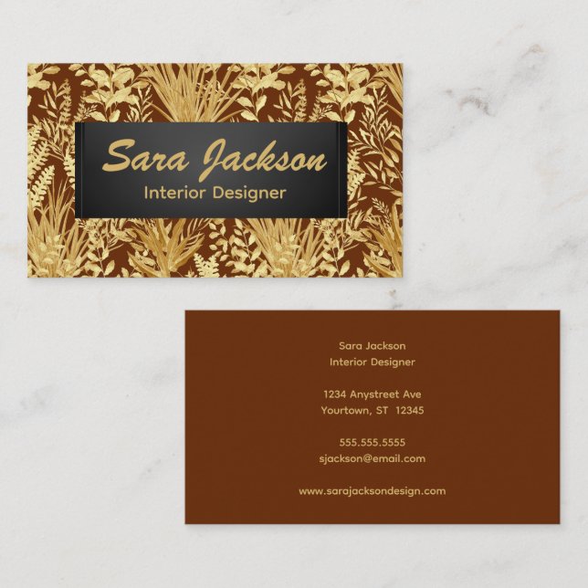 Golden Leaves and Grass Interior Design Artist  Business Card (Front/Back)