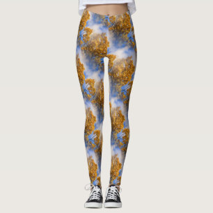 Golden Leaves Blue Sky Nature Pattern Leggings