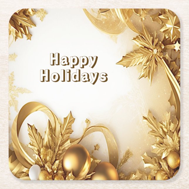 Golden Leaves Christmas Holiday Paper Coaster (Front)