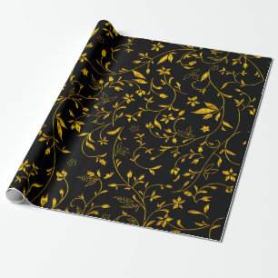 Golden Leaves Damasks On Black Wrapping Paper