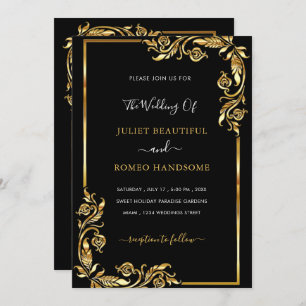 Golden Leaves Floral Black Gold Wedding Invitation