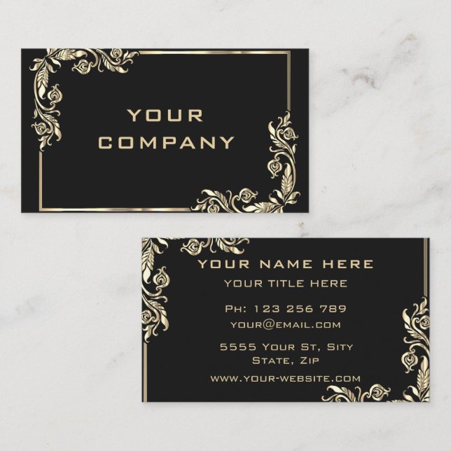 Golden Leaves Frame Gold Text Black Professional Business Card (Front/Back)
