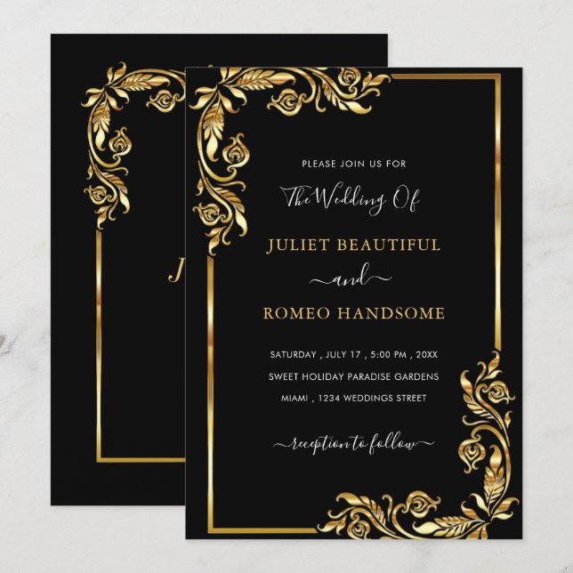 Golden Leaves Framed Black Gold Wedding Invitation (Front/Back)