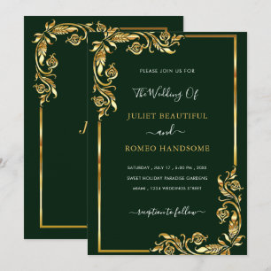 Golden Leaves Framed Green Gold Wedding Invitation