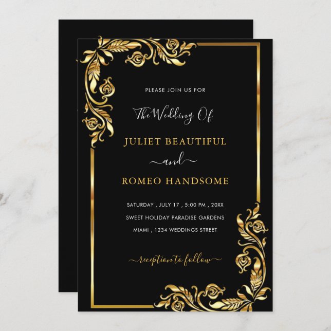 Golden Leaves Framed Wedding Invitation Black Gold (Front/Back)