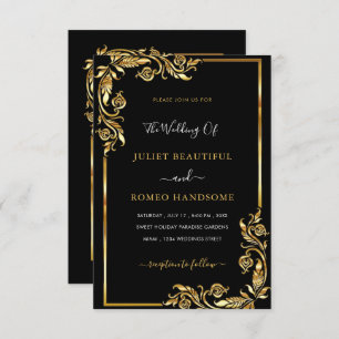 Golden Leaves Framer Black Gold Wedding Invitation