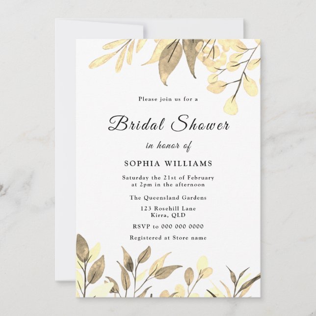 Golden Leaves Gold Leaf Bridal Shower Invitation (Front)
