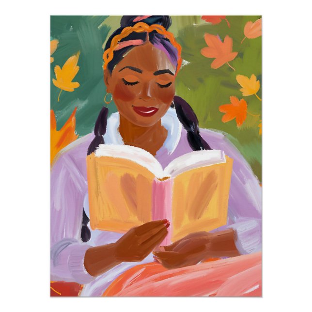 Golden Leaves, Good Reads: Afro Woman Celebrating  Poster (Front)
