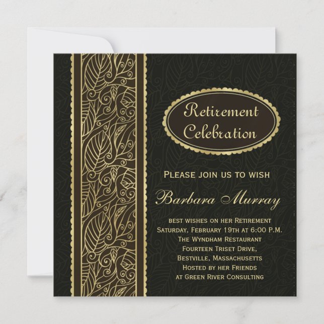Golden leaves on black Retirement Party Invitation (Front)