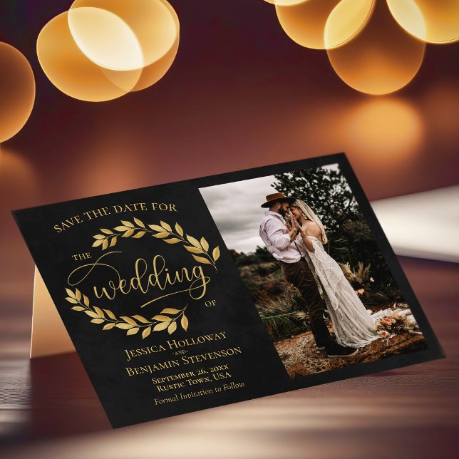 Golden Leaves on Black with Photo Rustic Wedding Save The Date (Creator Uploaded)