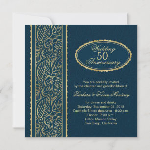 Golden leaves on blue 50th Wedding Anniversary Invitation