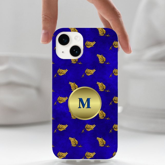 Golden Leaves on Blue Velvet Monogrammed Case-Mate iPhone Case (Creator Uploaded)