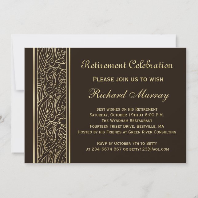 Golden leaves on brown Retirement Party Invitation (Front)