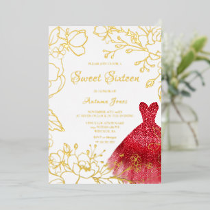 Golden Leaves Red Dress Sweet 16 Party Gold