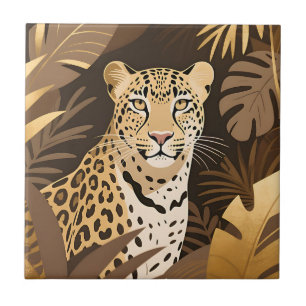 Golden Leopard Jungle Boho Wildlife Ceramic Tile