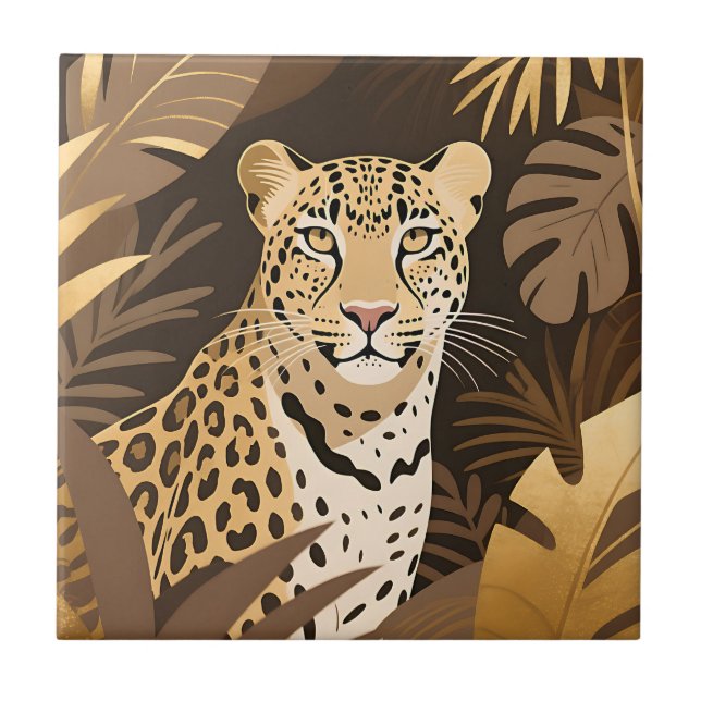 Golden Leopard Jungle Boho Wildlife  Ceramic Tile (Front)