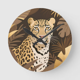 Golden Leopard Jungle Boho Wildlife Round Clock